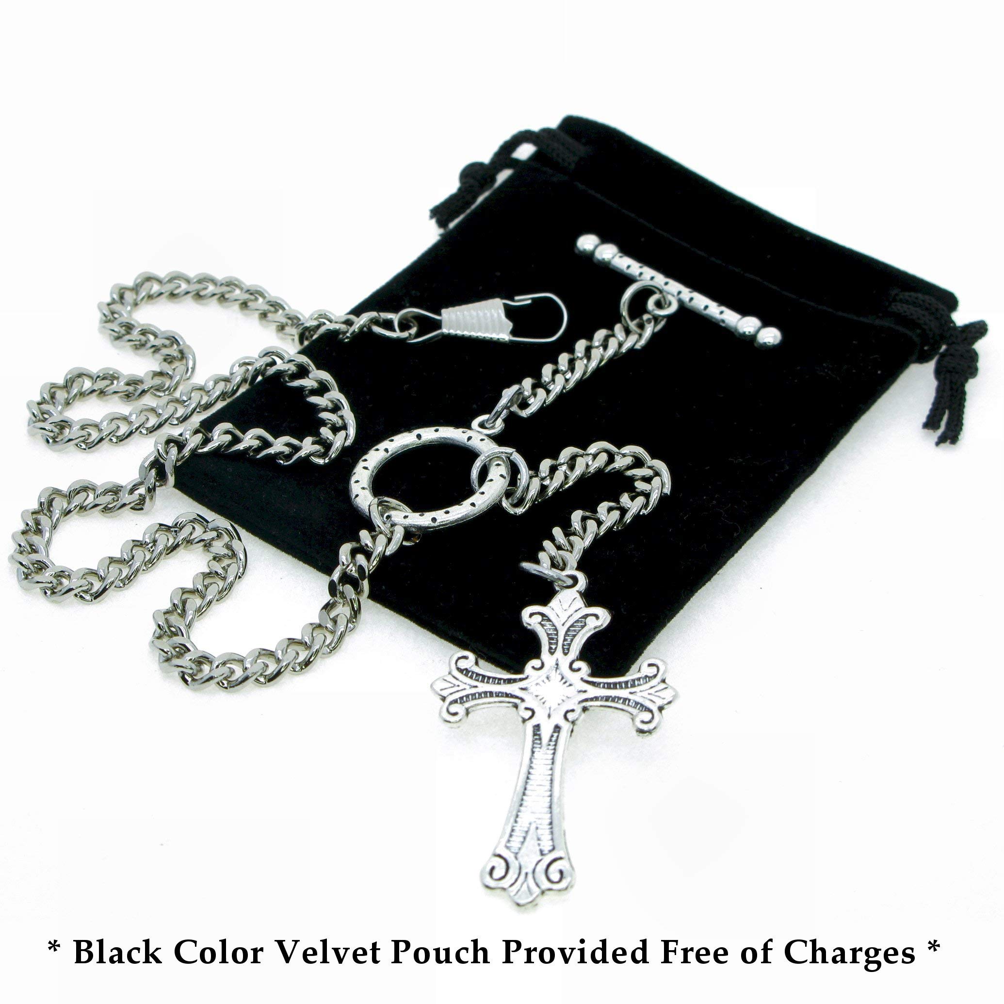 Albert Chain Silver Color Pocket Watch Chains for Men - 2 Ways Usage on Vests & Trousers or Jeans with Religious Cross Design Fob T Bar ACT114