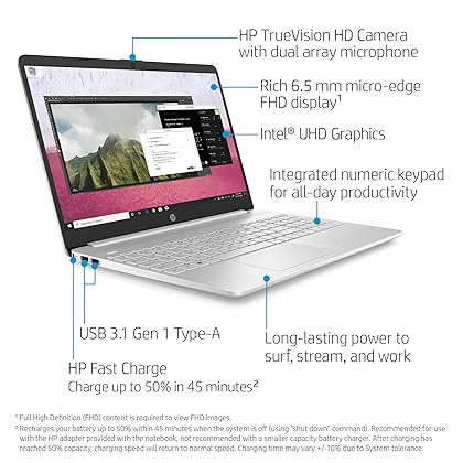 HP 15-dy1036nr 10th Gen Intel Core i5-1035G1, 15.6-Inch FHD Laptop, Natural Silver
