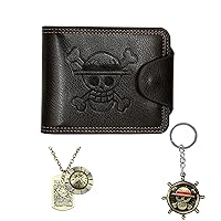 1 Piece Wallet Black Brown Bifold Luffy Anime Wallet Straw Hat Pirates Jolly Roger Anime Wallet with 1 Piece Luffy Skeleton Pendant Necklace & Luffy Keychain for Men Boys Girls Women