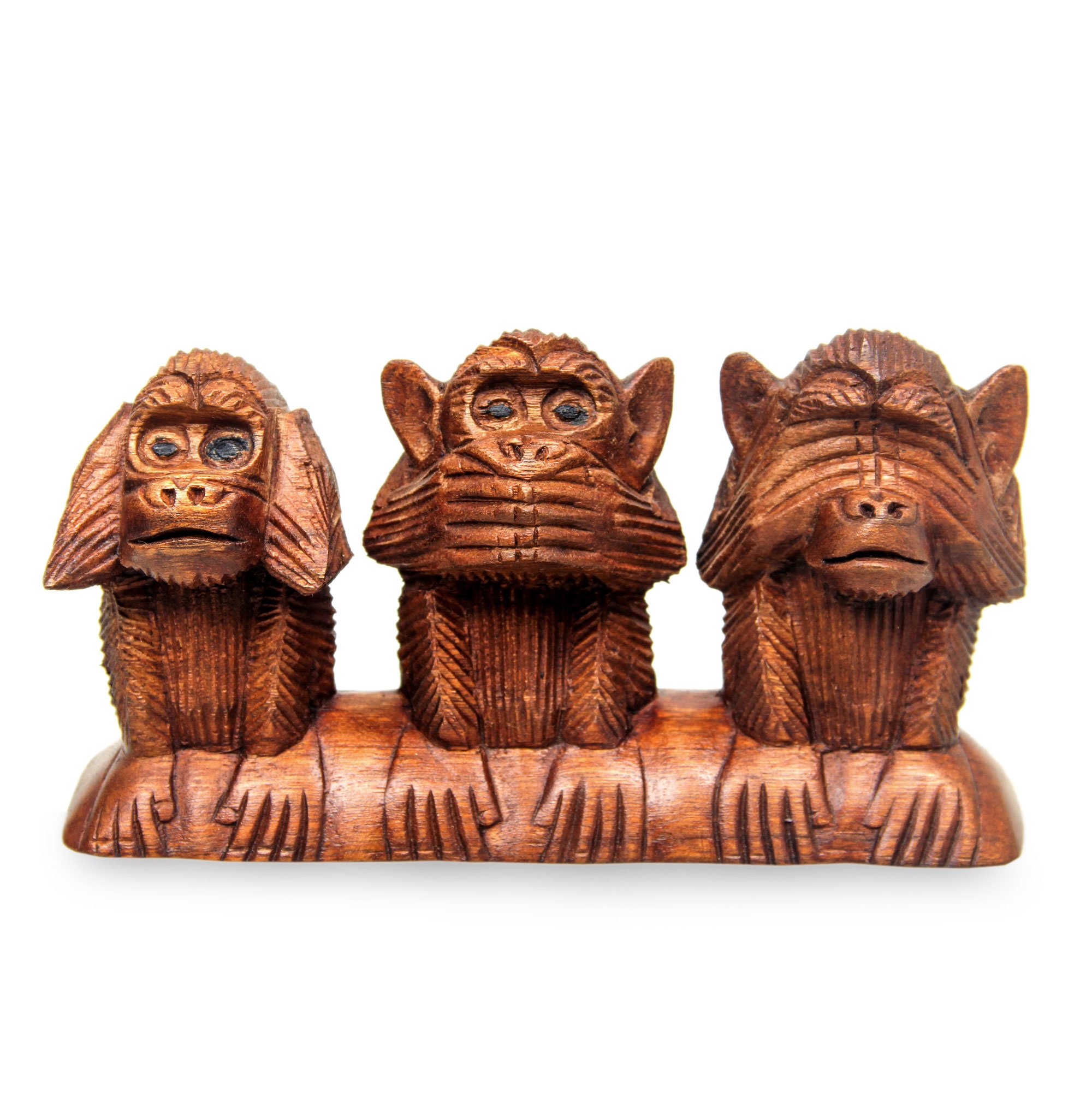 NOVICA Hand Carved Suar Wood Monkey Proverb Sculpture, 4.5" Tall 'Three Wise Monkeys'