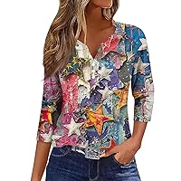 4Th of July 2024 American Flag Days Shirts for Women 3/4 Sleeve Shirt Summer Hawaiian Beach V Neck Cotton Tops with Big Star