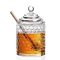Royalty Art Glass Honey Pot with Beehive Lid and Wooden Dipper, 3 Pc. Set, Decorative Kitchen Accessory and Dispenser, Honeycomb Glassware, Reusable and Washable