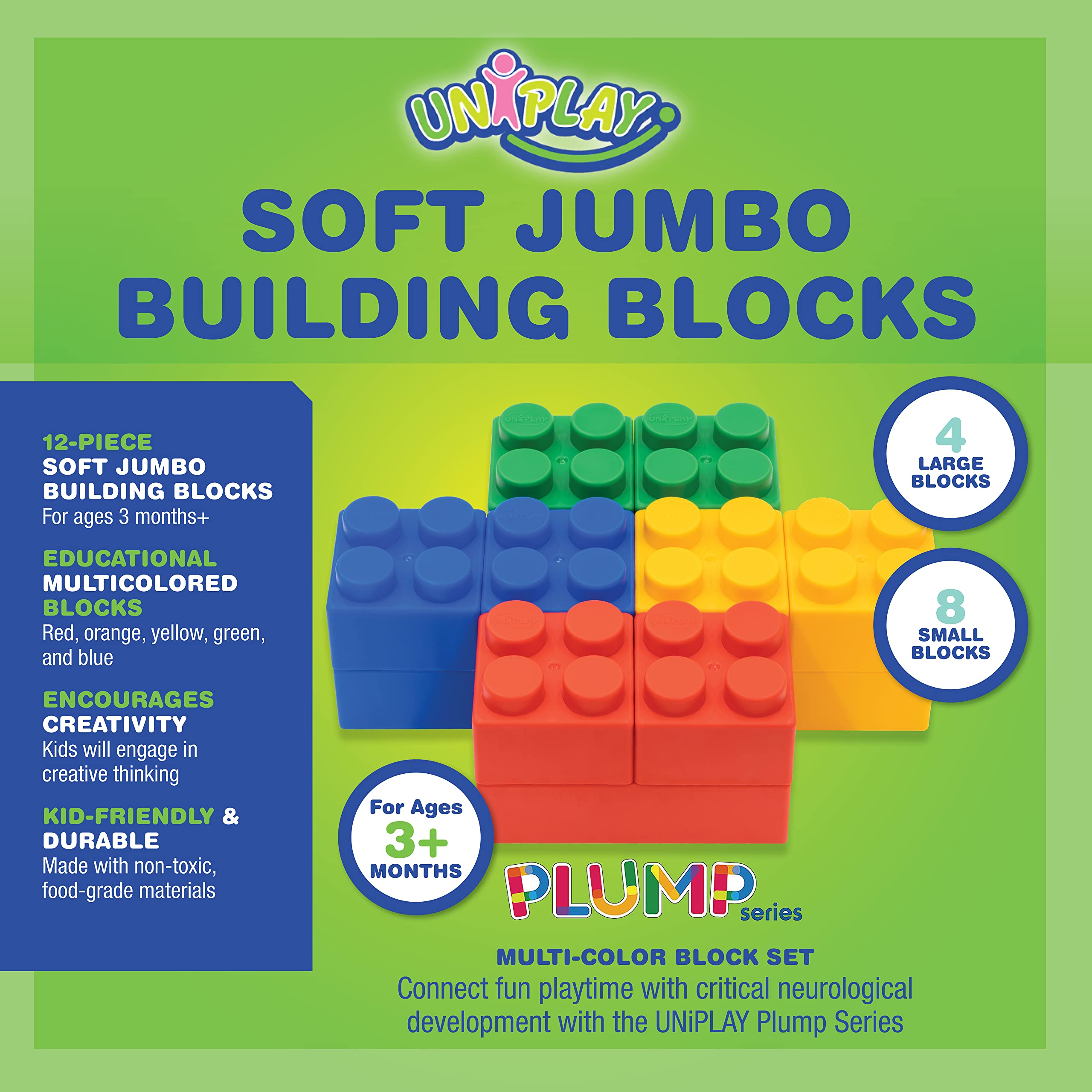 UNiPLAY Plump Soft Building Blocks — Jumbo Multicolor Stacking Blocks for Cognitive Development and Educational Games for Ages 3 Months and Up (12-Piece Set)
