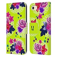 Head Case Designs Neon Green Painted Flowers Leather Book Wallet Case Cover Compatible with Apple iPhone 7/8 / SE 2020 & 2022