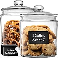 1 Gallon Glass Cookie Jars + Labels & Marker - Set of 2 Canister Sets for Kitchen Counter with Airtight Lids, Sugar Packet Holders Food Storage Containers with Lids Airtight for Pantry, Flour, Sugar,