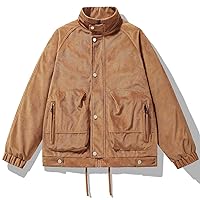 Men's Plain Jackets Button Zip Up Coats Stand Collar Overcoat Casual Drawstring Hem Cargo Bomber Jackets Outerwear