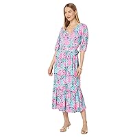 Lilly Pulitzer Brantley Midi Wrap Dress for Women - 100% Cotton, V-Neckline, and Allover Floral Pattern with Tiered Skirt