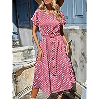Fall Dresses for Women 2023 Polka Dot Button Front Belted Dress Dresses for Women (Color : Multicolor, Size : X-Small)