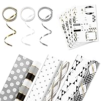 Hallmark Reversible Wrapping Paper Bundle with Ribbon & Gift Tag Stickers - Black, Gold Stripes, Plaid (3 Pack, 120 sq. ft. TTL, 30 Yds. Mini Ribbon, 36 Labels) for Graduations, Weddings, Christmas