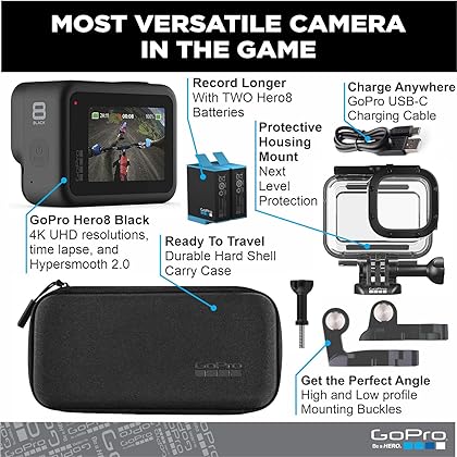 GoPro HERO8 Black Bundle: Includes HERO8 Black Camera, Rechargeable Battery (2 Total), Protective Housing, and Carrying Case
