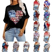 July 4th Shirts for Women Patriotic Shirts for Women 2024 American Print Vintage Fashion Loose Fit with Short Sleeve Round Neck Blouses Black Medium