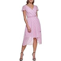 DKNY Women's Short Sleeve Asymmetrical Hem Faux Wrap Dress, Pink Multi, 16