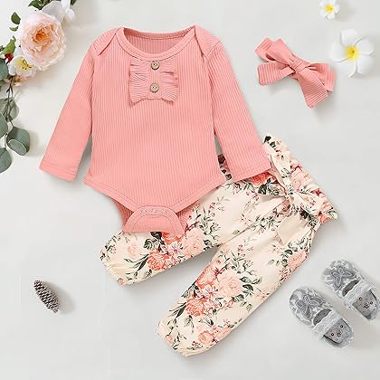 Mioglrie Infant Baby Girl Clothes Romper Pants Set Cute Baby Girls' Clothing Cotton Baby Clothes Girl Outfits Floral Baby Girl Stuff Pink 6-12 Month Girl Clothes