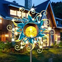 Solar Garden Metal Sun Lights Decor, Golden Blue Stake Decorative with Vine String Shining LED Lamps Art Sun Sculpture Crackle Glass Globe Outdoor Lawn Yard Ornament, (TYD01)