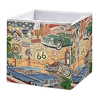 Vintage Car Route 66 Cube Storage Bin Foldable Storage Cubes Waterproof Toy Basket for Cube Organizer Bins for Toys Nursery Kids Closet Book Bathroom Office - 11.02x11.02x11.02 in