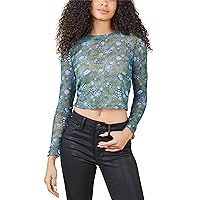 BCBGeneration Women's Long Sleeve Mesh Top with Round Neck, Floral, XX-Small