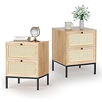 Yechen Nightstands Set of 2, Rattan Nightstand with Drawers, End Table, Bedside Table Set of 2,for Bedroom, Living Room, Sofa(Metal Legs)