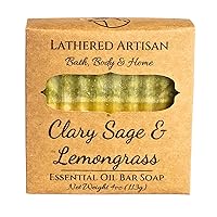 Clary Sage & Lemongrass - Handcrafted Essential Oil Bar Soaps by Lathered Artisan - All-Natural and Detergent-Free Skin Healthy Lather (Clary Sage & Lemongrass, Single Bar)