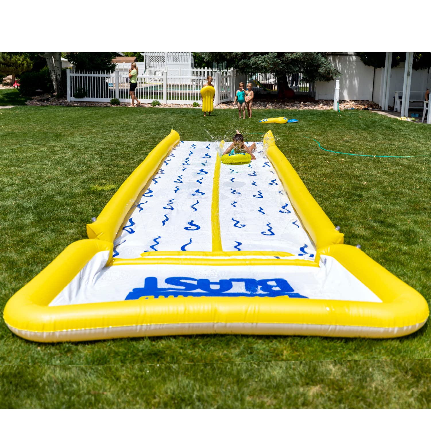 BACKYARD BLAST - 30' Waterslide with Bumpers and Splash Zone, 1 Inflatable Rider and Electric Pump - Easy to Setup - Extra Thick to Prevent Rips & Tears