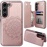 MMHUO for Samsung Galaxy S23 Case with Card Holder,Flower Magnetic Back Flip Case for Samsung Galaxy S23 Wallet Case for Women,Protective Case Phone Case for Samsung Galaxy S23 5G (2023),Rose Gold