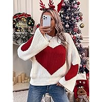 Women's Sweater Heart Pattern Drop Shoulder Sweater Sweater for Women (Color : Red and White, Size : Medium)
