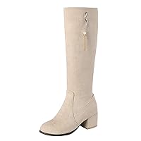 BIGTREE Womens Tall Boots Chunky Heel Winter Lined Elegant Suede Knee High Boots with Zipper