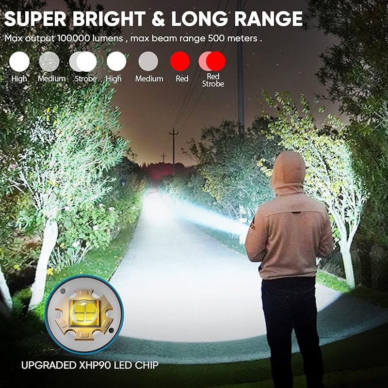 Mua T6 Led Flashlight Rechargeable 100000 Lumens, High Lumen Powerful XHP90  Flash Lights with COB Side Work Light, Super Bright Mode Waterproof Torch  Light for Emergencies Outdoor Hiking Camping trên Amazon