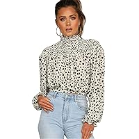 Women's Polka Dot Blouse Stand Collar Office Work Shirts Button Down Blouses