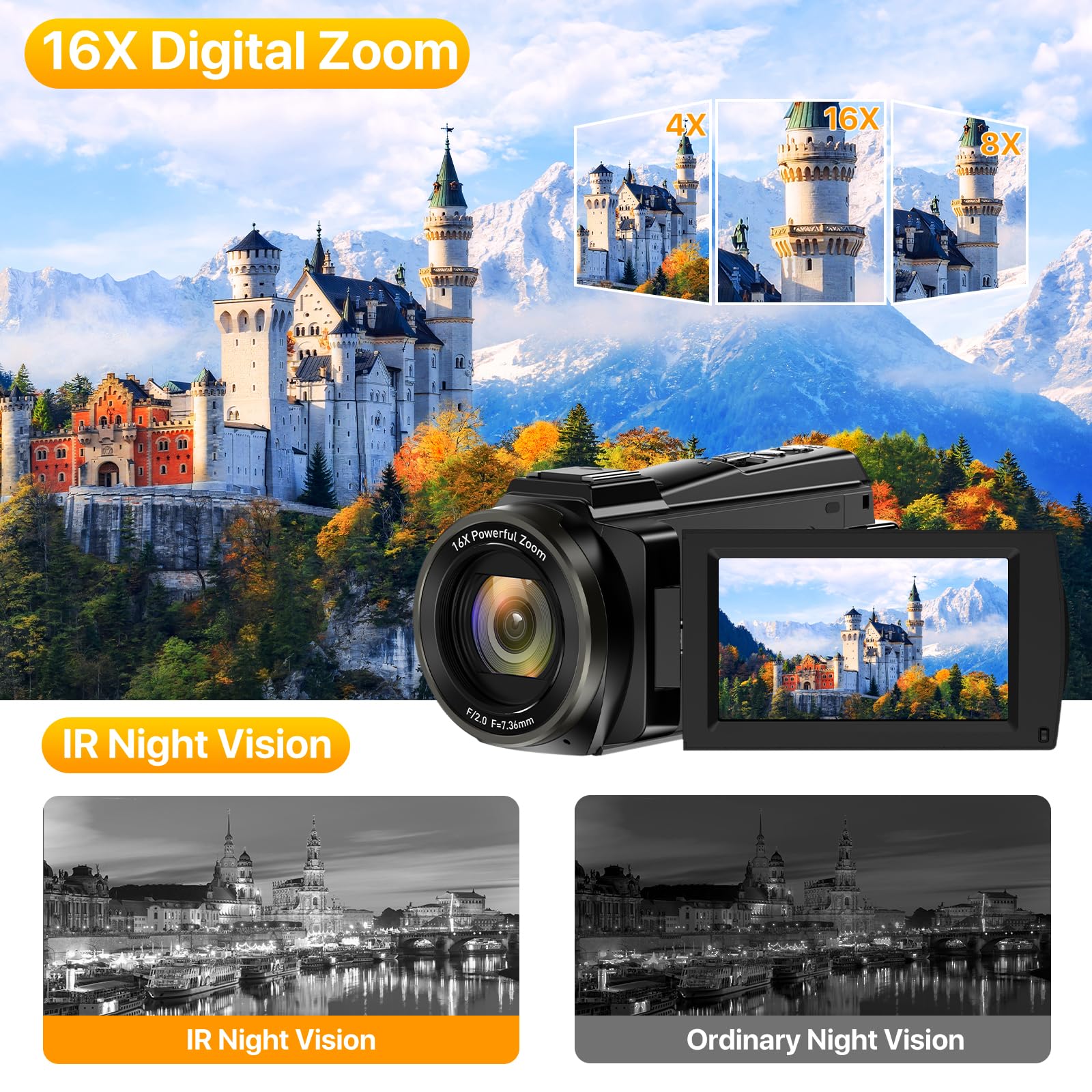 5K Video Camera Camcorder 48MP UHD WiFi IR Night Vision Vlogging Camera for YouTube 16X Digital Zoom 3” Touch Screen Camera Recorder with Microphone, Handheld Stabilizer, Lens Hood, Remote,2 Batteries