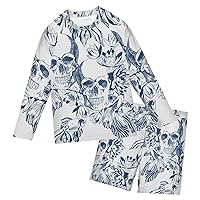 Blue Skull Flower Boys Rash Guard Sets Two Piece Swimsuit Set Summer Clothes Outfits,3T