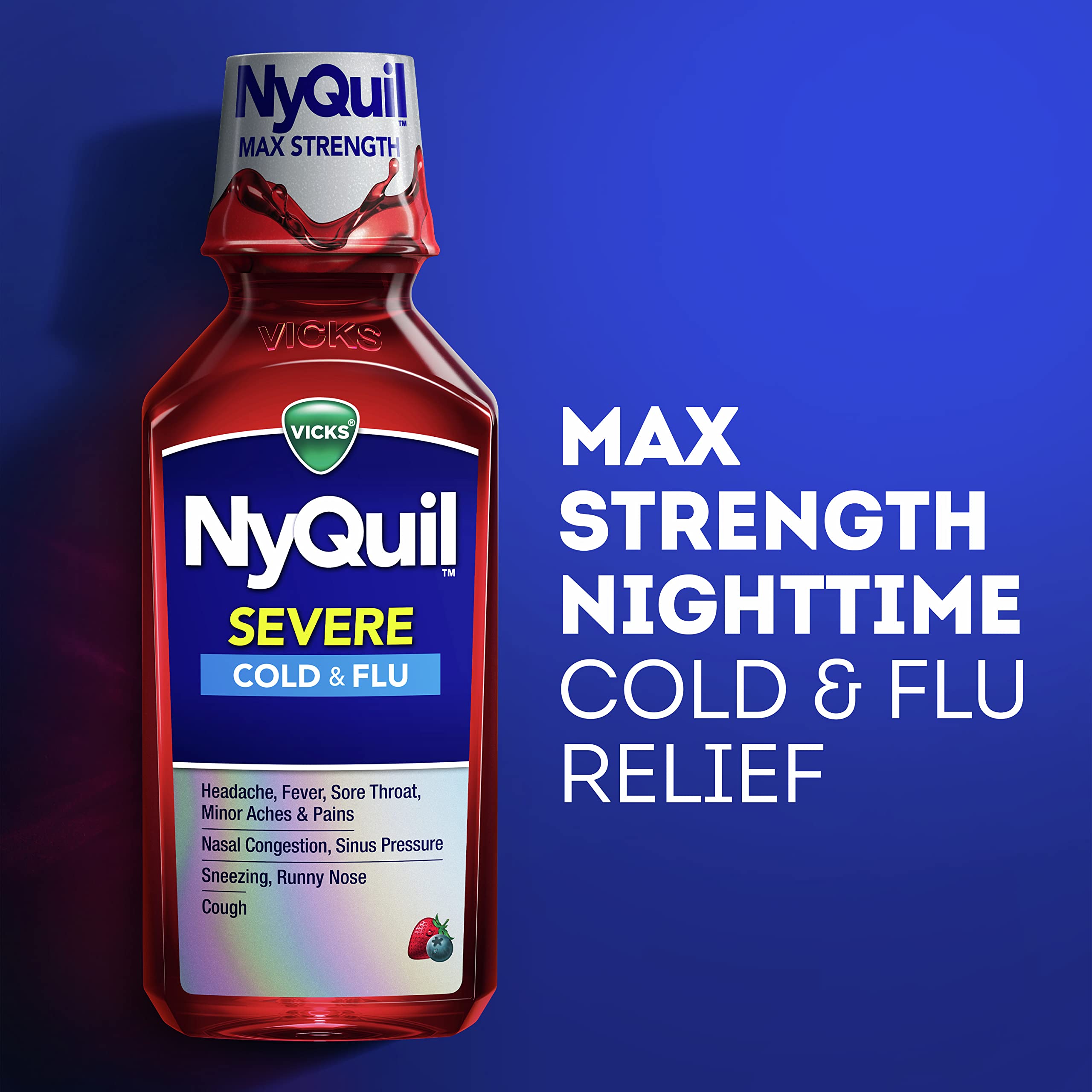 Vicks NyQuil SEVERE Cold & Flu Liquid Berry Flavored Medicine, Max Strength Nighttime Relief for Fever, Sore Throat, Minor Aches And Pains, Nasal Congestion, Sneezing, Cough, Twin Pack, 2 x 12 FL OZ