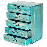 Turquoise 5-Tier Drawer Desktop Curio Cabinet - French Farmhouse Country Desk Organizer Box - Wooden Stackable Shelves - Teal Countertop Shelf w/Label Holder - 5-Level File Drawer Unit