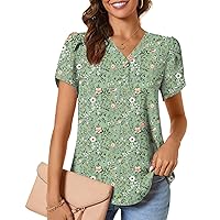 CATHY Womens Casual Summer Tops Dressy Petal Short Sleeve Chiffon Shirts Button Up V-Neck Tunic Blouses