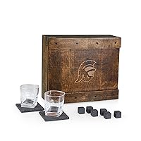 PICNIC TIME NCAA USC Trojans Whiskey Box Gift Set, Whiskey Glasses Set of 2, Whiskey Stones Gift Set, (Oak Wood)