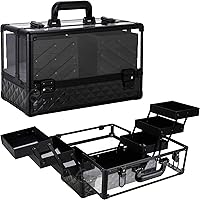 Ver Beauty 3.8mm Armored Acrylic Makeup Case Jewelry Portable Travel Art Craft Tattoo Organizer with 6 Extendable Trays Clear Cover Micro-Fiber Cloth Brush Holders Keylocks, Black Diamond