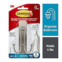 Command Large Double Bathroom Wall Hook, Damage Free Hanging Bath Hook with Adhesive Strip, Double Hook for Hanging Bath Towels, 1 Satin Nickel Colored Wall Hook and 1 Water-Resistant Command Strip