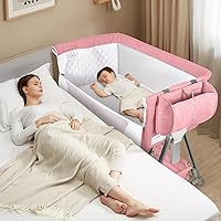 Baby Bassinet, Bedside Sleeper for Baby, 7 Height Adjustable Bedside Bassinet with Wheels, Easy to Assemble Portable Bedside Crib with Large Storage Bag for Newborn/Infant, Mattress Included