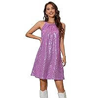 Women's Halter Neck Sequin Dress Sleeveless Sparkly Glitter Cocktail Party Club Mini Short Dress
