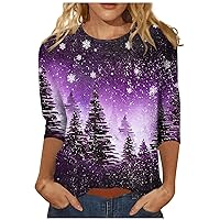 Christmas 3/4 Sleeve Plus Size T Shirts Crewneck Loose Funny Ugly Xmas Tree Graphic Tops Tees Holiday Daliy Blouses