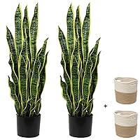2 Set Large Fake Snake Plant 37 Inch Sansevieria Plant Artificial Snake Plants in Pots with Woven Basket Faux Mother In Law Tongue Plant - 30 Leaves Fake Laurentii for Indoor Outdoor Home Office Decor