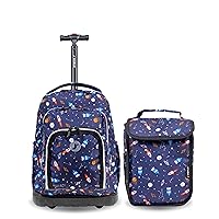 J World Lollipop Kids Rolling Backpack & Lunch Bag Set for Elementary School. Carry-On Suitcase with Wheels, Spaceship