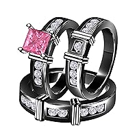 2.10 Carat Synthetic Pink Sapphire Princess Cut & Round CZ Diamond 14k Black Gold Over Silver Engagement His & Her Wedding Engagement Trio Ring Set In Express Shipping