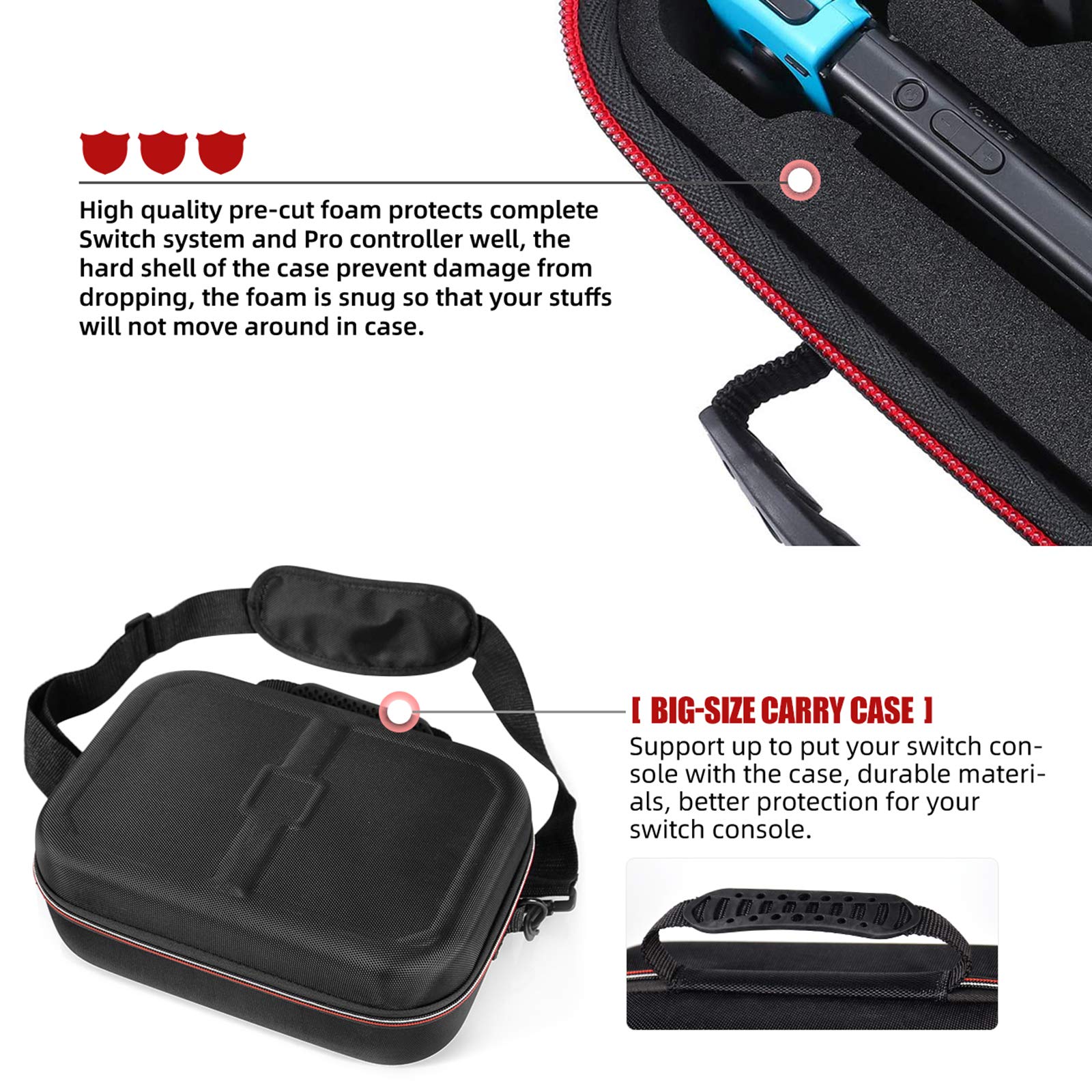 Deluxe Travel Carrying Case for Nintendo Switch / Switch Lite, Sturdy Hard Shell Carrying Bag for Storage Switch Console, Dock, Pro Controller, Accessories with Shoulder Strap 18 Game Cards Slot