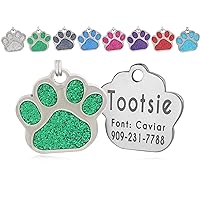 Pet ID Tags, Personalized Dog Tags and Cat Tags, Custom Engraved, Easy to Read, Cute Glitter Paw Pet Tag (Green)