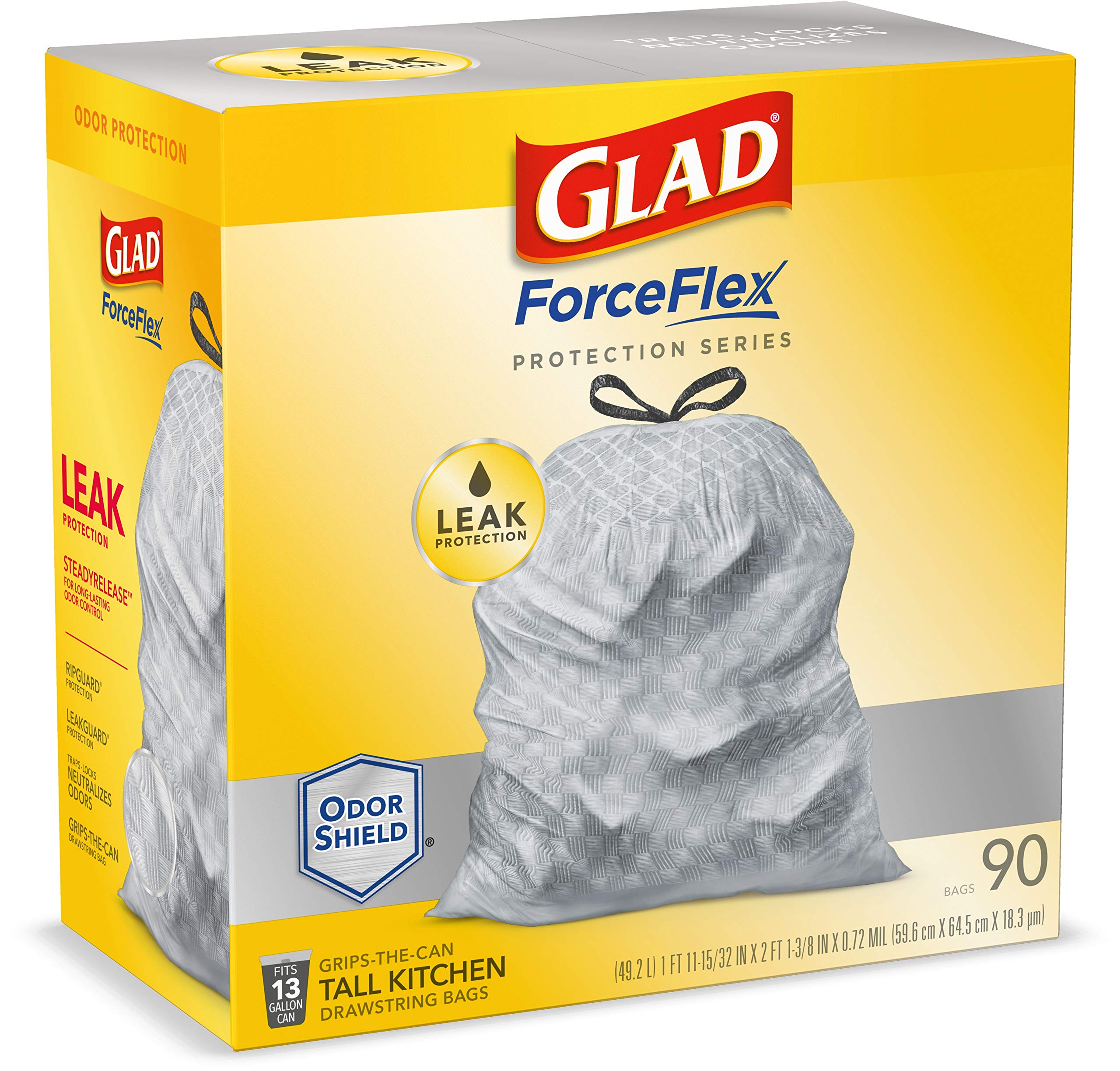 Glad ForceFlex Protection Series Tall Kitchen Trash Bags, 13 Gal, Unscented OdorShield, 90 Ct (Package May Vary)