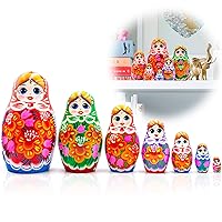 AEVVV Matryoshka Dolls Set 7 pcs - Classic Traditional Russian Dolls in Sarafan Dress with Bouquet Flowers - Wooden Handmade Stacking Dolls