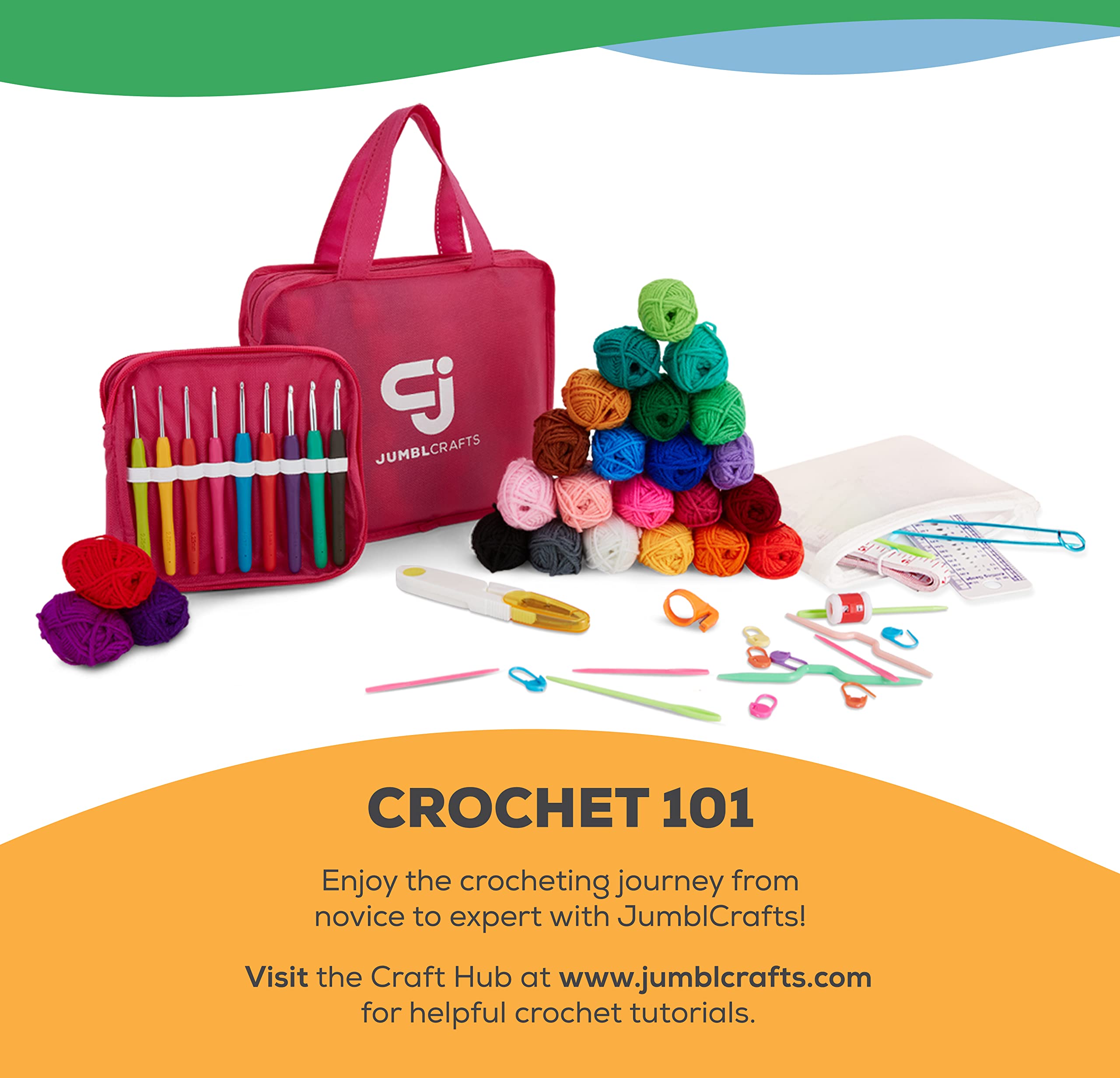 JumblCrafts Ultimate Crochet Starter Kit - 24 Fun-Sized Yarn Set with Travel Bag, Crochet Hooks, Row Counter, and More. 24 Assorted Colors of Acrylic Skeins for Crafters. for Beginners and Experts