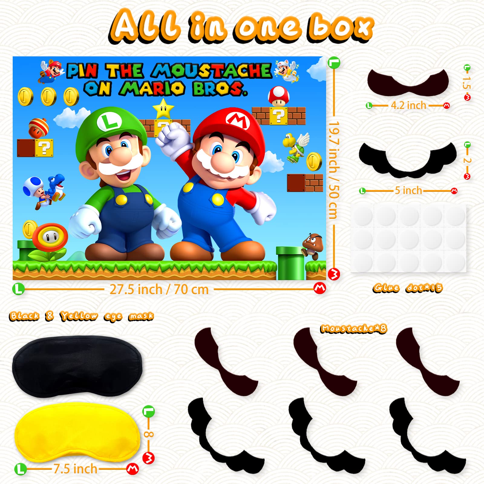 Pin the Moustache on the Bros Party Game Reusable Stickers and Large Felt Poster Super Brother Game Party Supplies for Wall Decorations Favors