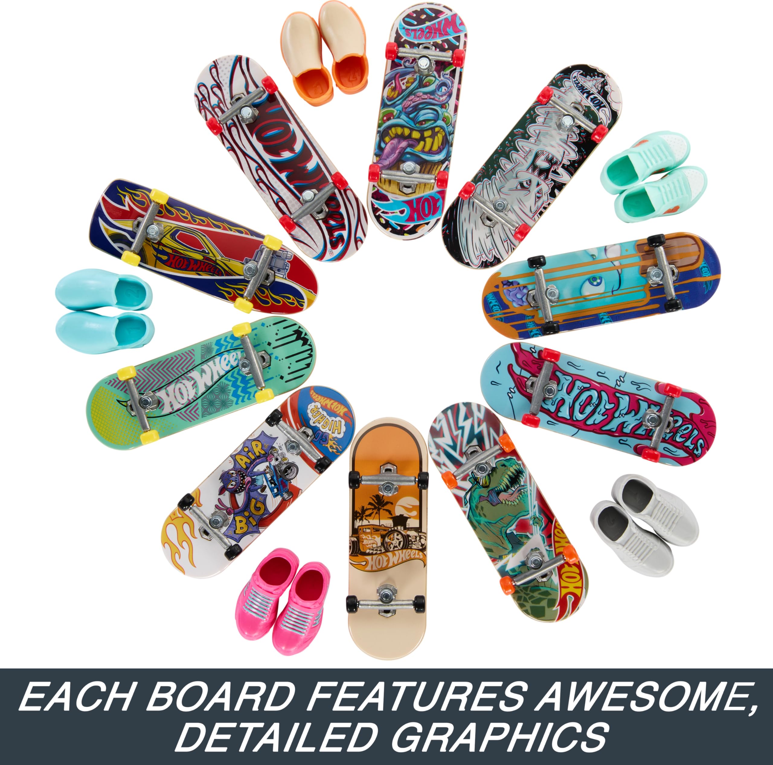 Hot Wheels Skate Fingerboards 10-Pack, Set of 10 Finger Skateboards with 5 Pairs of Removable Skate Shoes Themed Graphics (Amazon Exclusive)