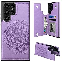 MMHUO for Samsung S22 Ultra Case with Card Holder,Flower Magnetic Back Flip Case for Samsung Galaxy S22 Ultra Wallet Case for Women,Protective Case Phone Case for Samsung Galaxy S22 Ultra 5G,Purple